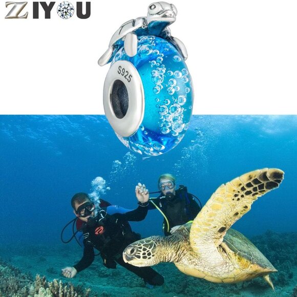 Sea Turtle Charm Sterling Silver with Blue Glass Beads Fit Pandora Ocean Bracele - Picture 3 of 7